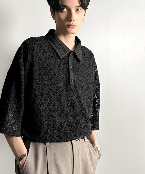「透け感、モードの余韻。」衿ダブルライン使いレース柄ニットポロシャツ/Lace Detail Knit Polo Shirt co1010010