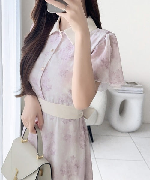 【mily bilet】夏を涼む相棒ワンピ♪水彩フラワーが上品。シアーフローラル バックリボンワンピース (長袖) (ロング) mi1139101
