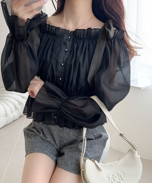 【mily bilet】大人愛され甘め主役級トップス。肩リボンオフショル２WAYオーガンジーブラウス(長袖) mi1359008