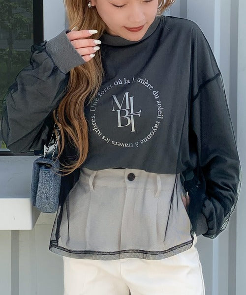 【mily bilet】デイリーからお出かけまであらゆるシーンに大活躍！箔プリントチュール重ねロングTシャツ mi1019058