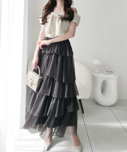【mily bilet】一枚に大人可愛いを凝縮。リボンデザイントップス×チュールスカートドッキングキャミワンピース (ロング丈) mi1139113