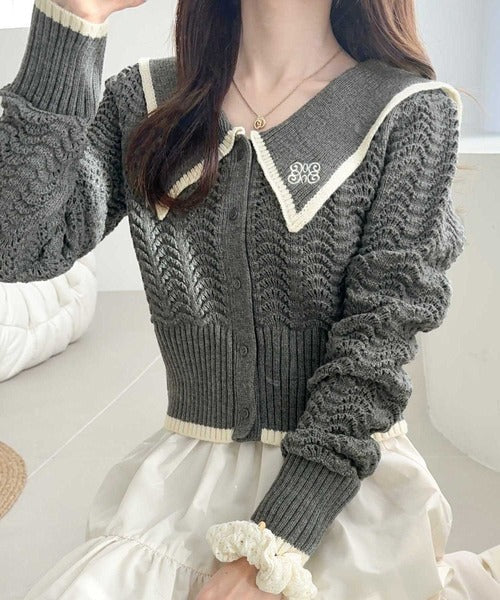 【mily bilet】上品に華やぐ一枚。襟刺繍柄編みビッグ襟ニットポロシャツ(長袖) mi1029097