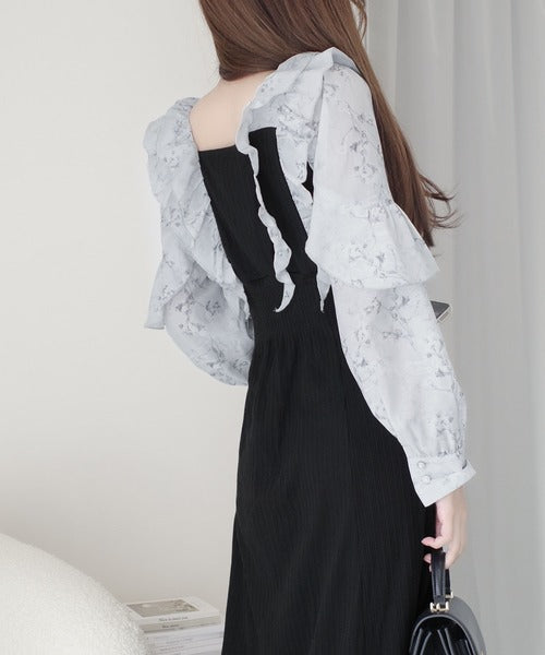 【mily bilet】上品にスタイルアップ。シャイニー花柄フリルブラウスドッキングワンピース mi1139093