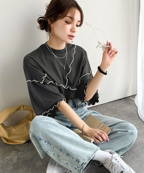 Tシャツより可愛く、スウェットより軽やか♪5分袖メロウ切替裏毛トップス ce1020310