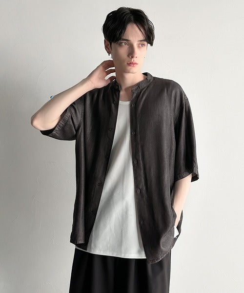 Rayon Denim Band Collar Relaxed Shirt／ヴィンテージ加工ルーズフィットデニムシャツ co1150011
