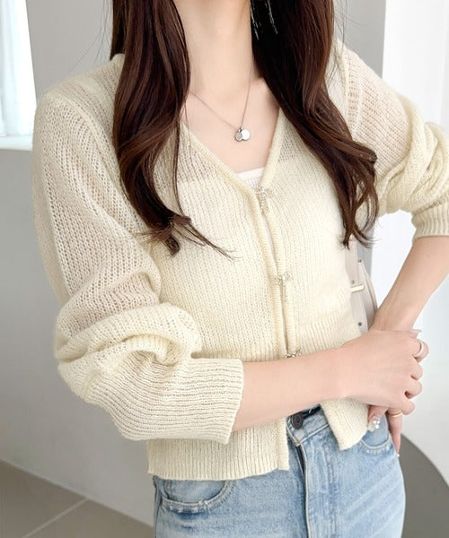 【mily bilet】大人可愛さマックス。透かし編みビジューリボンボタンニットカーディガン(ショート丈) mi1359013