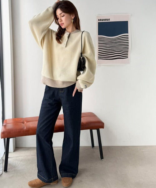 《JaVaジャバコラボ》ふっくら、袖たっぽり。ワッフル編みヘンリーネックオーバーサイズ配色ニット jv1350022
