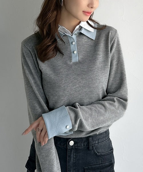 【mily bilet】重ね着風で上品見え◎レイヤード風シャツダブル襟使いカフス切り替えニットプルオーバー（長袖） mi1029159