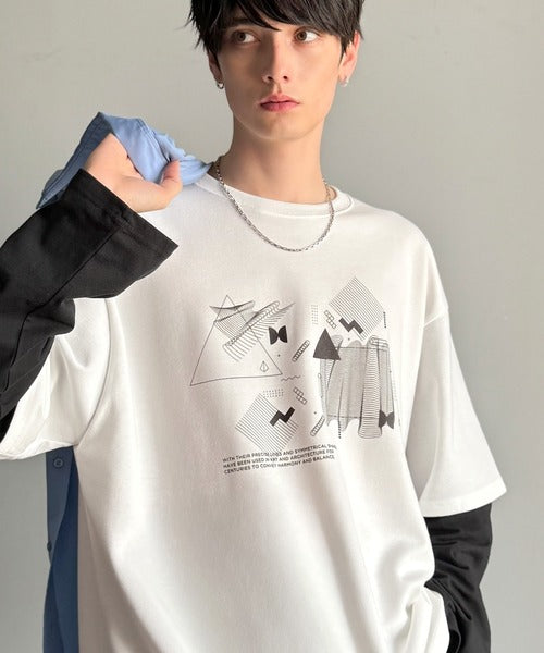 【Classical Origin】幾何学柄ポンチ素材レイヤードTシャツ(長袖)／Geometric Pattern Ponte Layered T-Shirt co1150050