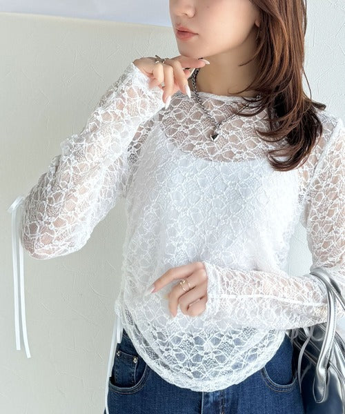 【mily bilet】着るだけでおしゃれ度UP！シアージャガード総レースサイドサテンリボントップス（長袖） mi1019079