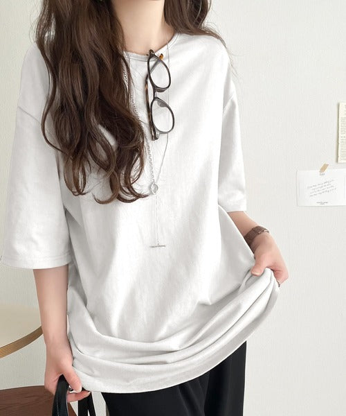 《JaVaジャバコラボ》アレンジを楽しむ、私だけの一枚。前後2wayヘンリーネックドロストチュニックＴシャツ(半袖) jv1010437
