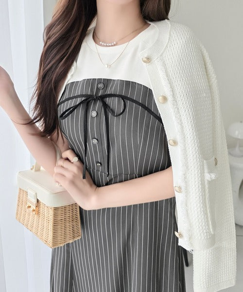 【mily bilet】こなれ感抜群の最旬レイヤード。Tシャツレイヤード風 ストライプドッキング フレアワンピース (ロング丈) mi1019129