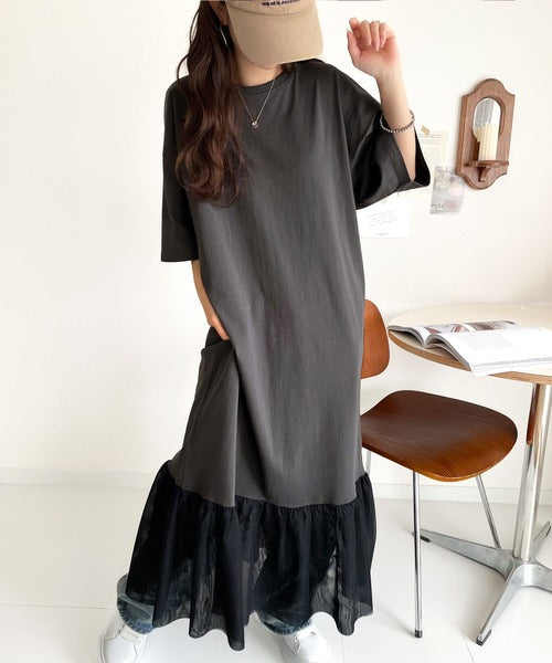 【JaVa ジャバコラボ】トレンドスタイル即完成!レイヤード風チュールコンビTシャツワンピース jv1260364