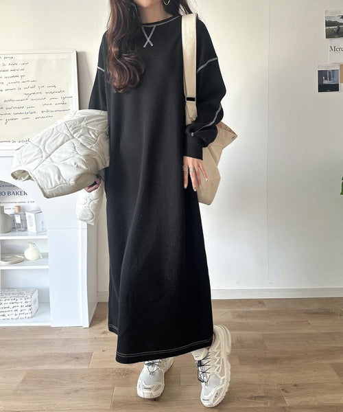 《JaVaジャバコラボ》後姿が可愛い◎配色ステッチワッフルロングワンピース（長袖） jv1260504