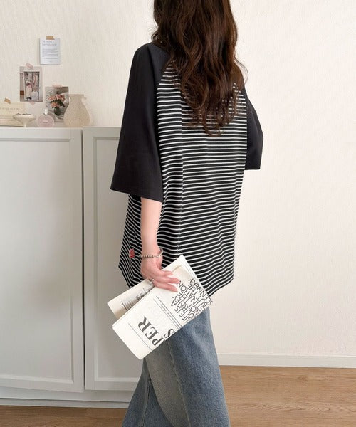 《JaVaジャバコラボ》お洒落迷子の救世主。綿100％胸刺繍ラグラン配色ボーダーTシャツ jv1260558