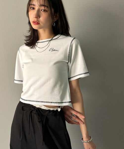 1枚で今っぽデザイン♪PAEAN刺繍配色ステッチチビTシャツ（半袖） ce1020200