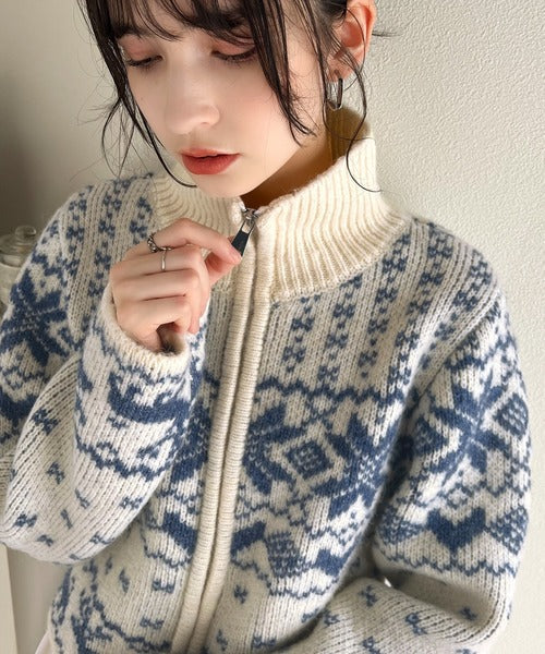 【mily bilet】冬の定番でアレンジ万能♪ノルディック柄ダブルジップニットカーディガン(長袖) mi1029087