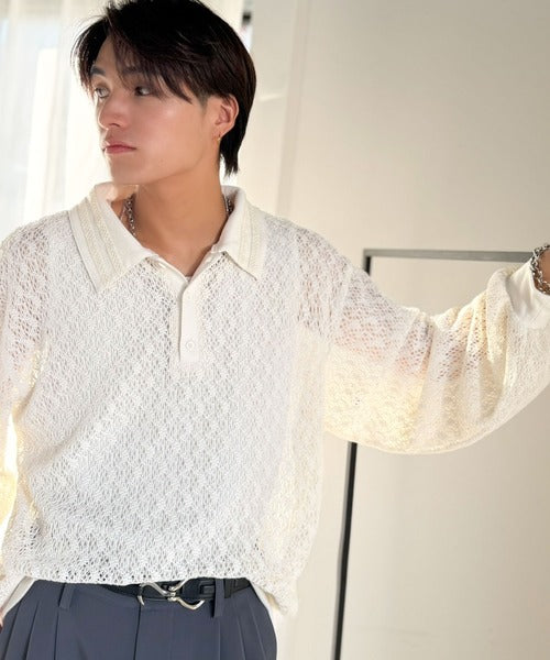 「透け感、モードの余韻。」衿ダブルライン使いレース柄ニットポロシャツ／Double-Line Collar Lace Pattern Knit Polo Shirt co1010049