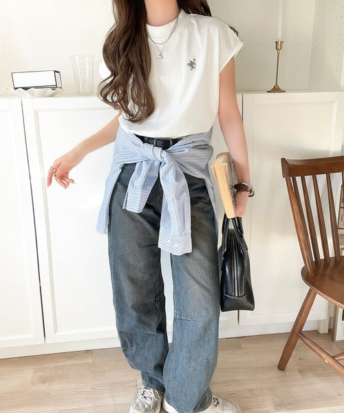 大人女子の上品ベーシック。綿100％シルケットモックネックフレンチTシャツ(刺繍) ce1260395