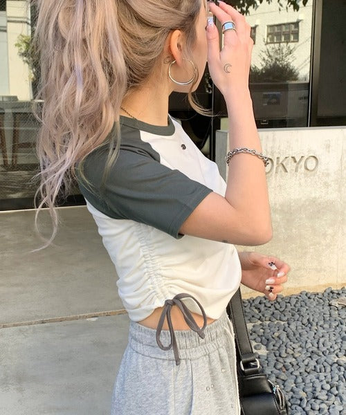 【mily bilet】サイドの絞りが可愛いさプラス。プレート使いラグランTシャツ（半袖） mi1329027