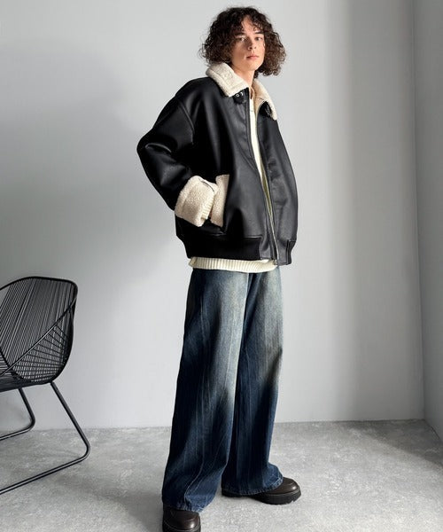 【Classical Origin】「ずっしりかっこいい。」2way襟ボア切り替えフェイクレザージャケット／2way Boa Collar Faux Leather Jacket co1150081