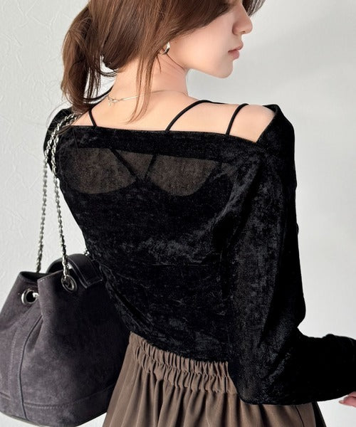 【mily bilet】一歩先のオシャレにアップデート！クラッシュベロアワンオフショルドレーププルオーバー（サムホール付き） mi1269007