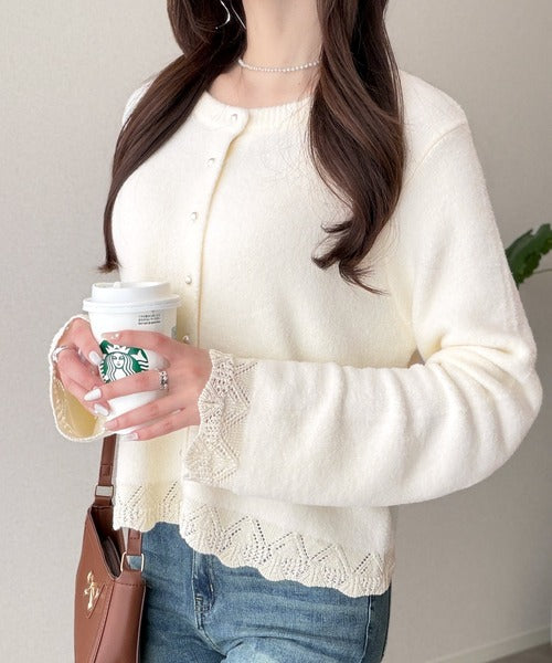 【mily bilet】裾レースとパールが、大人の甘さを引き立てる。前後2way配色ニットレースカーディガン mi1029195