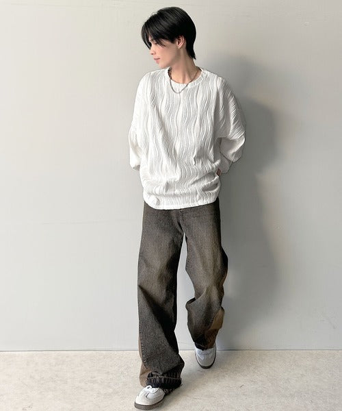 ゆるさとスタイリッシュを両立。オーバーサイズウェーブ柄ジャガード長袖Ｔシャツ cm1010428