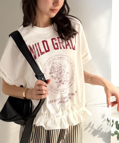【mily bilet】甘辛バランスが叶う！綿100％ゆるシルエット裾ドロストフリルプリントTシャツ mi1329075