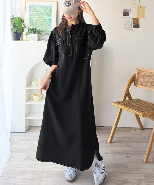 【防シワ機能付き】主役級！さらりと着られるシンプル派のためのノーカラー袖ボリューム ダブルポケットワンピース ce1265052