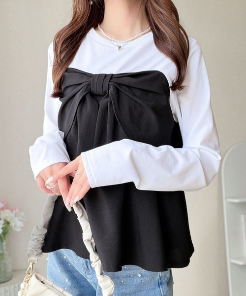 【mily bilet】心ときめく、ビッグリボン♪フロントリボン ドッキング長袖Tシャツ mi1269019