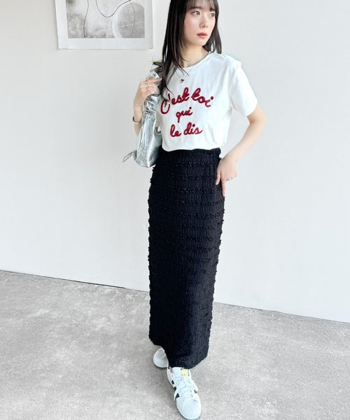 【mily bilet】着るだけでオシャレ感！ロゴプレート付きカラーフレンチコード刺繍Tシャツ(半袖) mi1329015