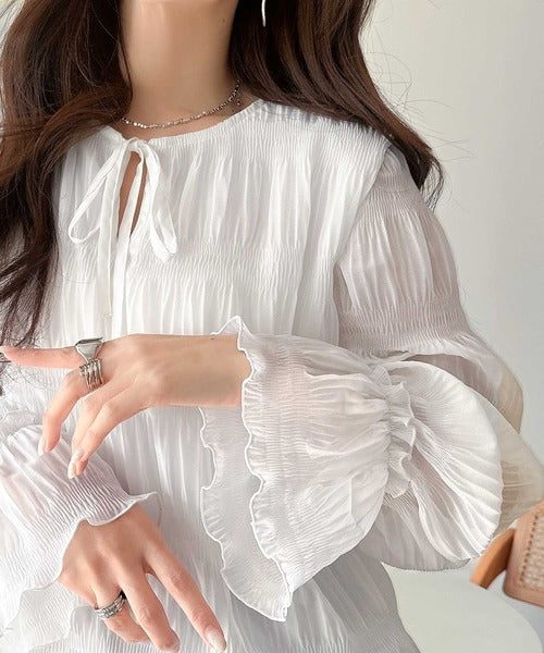 涼やかに、品よく、愛らしく。前後2wayリボンキャンディスリーブシアープリーツブラウス（長袖） ce1010538
