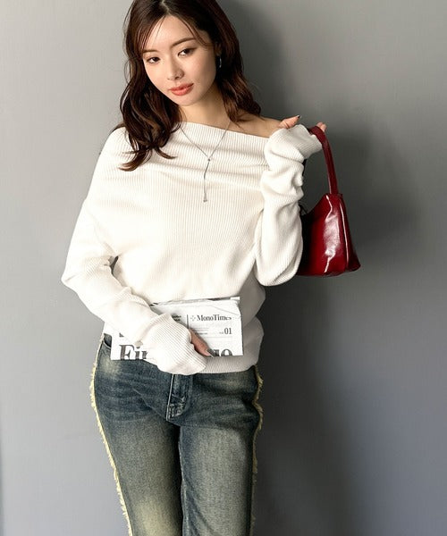 【mily bilet】立体的なシルエットが叶えるデコルテ魅せ♪指穴ドレープ使いファンオフショル２WAYリブニット mi1029137