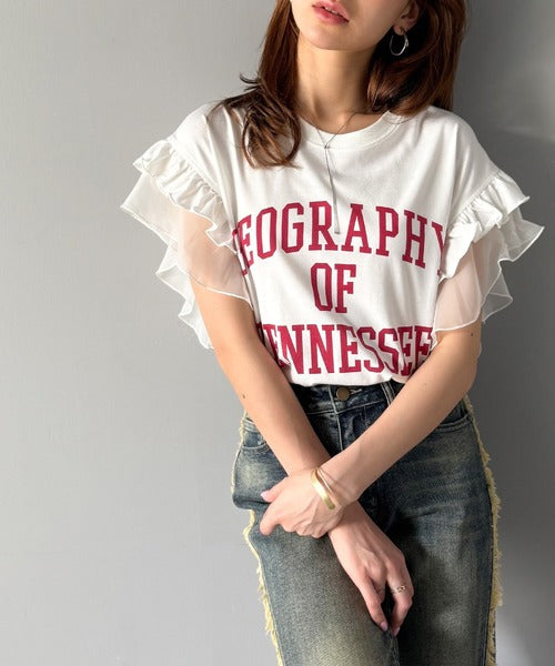 【mily bilet】可愛さふわり2倍増し！ ダブルフリル袖カレッジライクロゴゆるTシャツ mi1329036