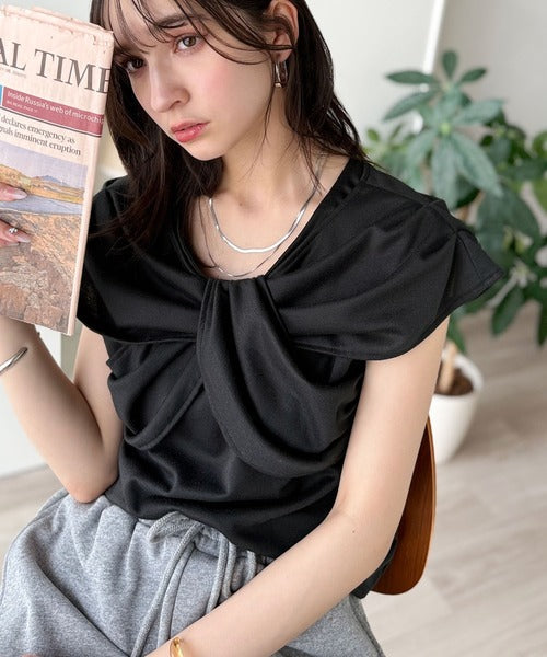 ”きれいめラフ”にこれ一択♪胸元ツイストリボンデザインTシャツ（半袖） ce1110121