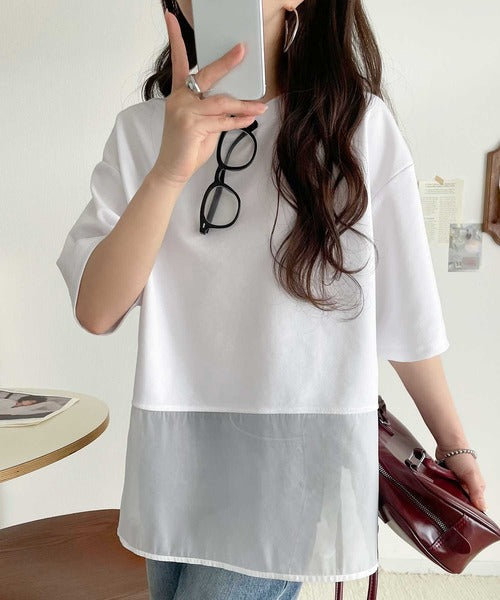 春夏に涼しさ引き立てる透け感が◎裾シアー切り替えライトダンボール半袖Tシャツ ce1110116