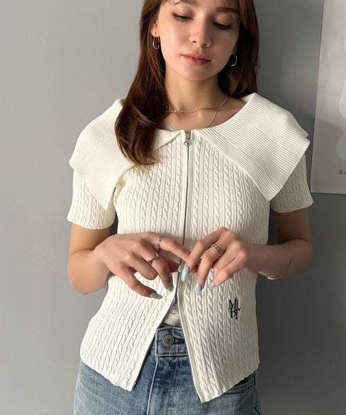【mily bilet】抜け感レディースタイル。ロゴ刺繍オフショル２WAYダブルジップケーブル柄サマーニット（半袖） mi1029121