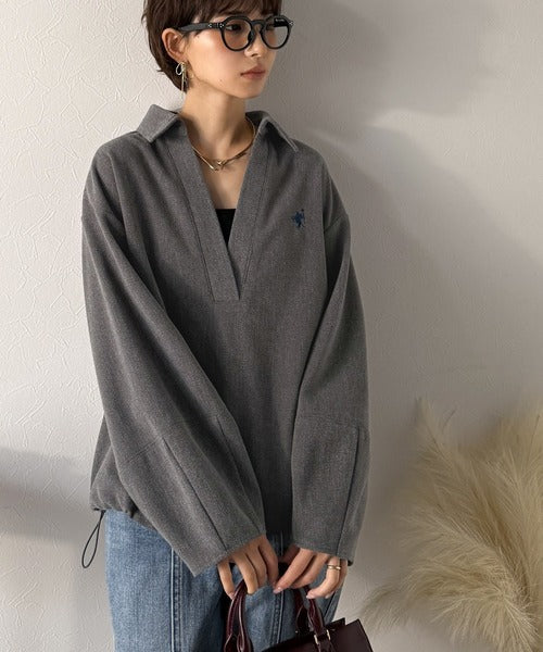 【Classical Evon】優しい温もり、上品見え。圧縮ニット襟付きキーネックプルオーバー ev1110143