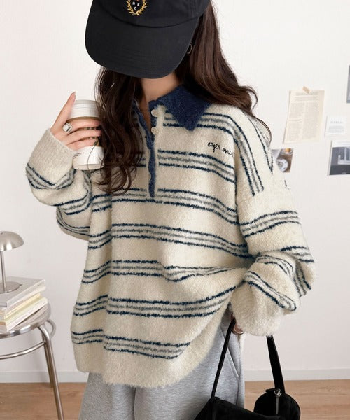 メンズライクに女子っぽさを。胸刺繍ブークレ配色ボーダーニットポロ（長袖） ce1240142