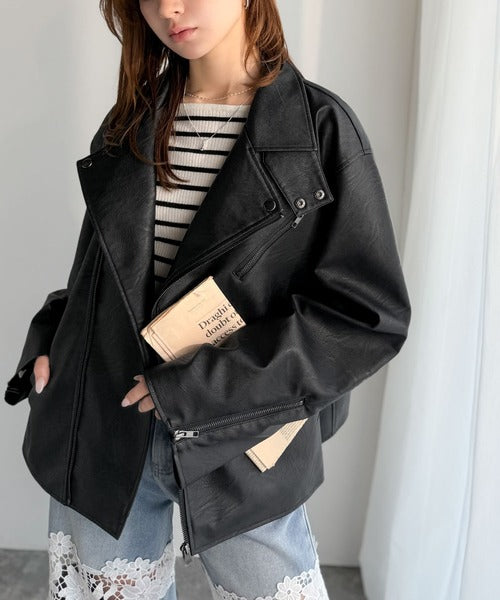 《JaVaジャバコラボ》甘さ控えめ、無敵の女っぽさ。フェイクレザーダブルライダースジャケット jv1010466