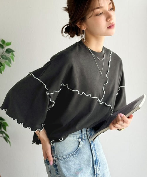 Tシャツより可愛く、スウェットより軽やか♪5分袖メロウ切替裏毛トップス ce1020310