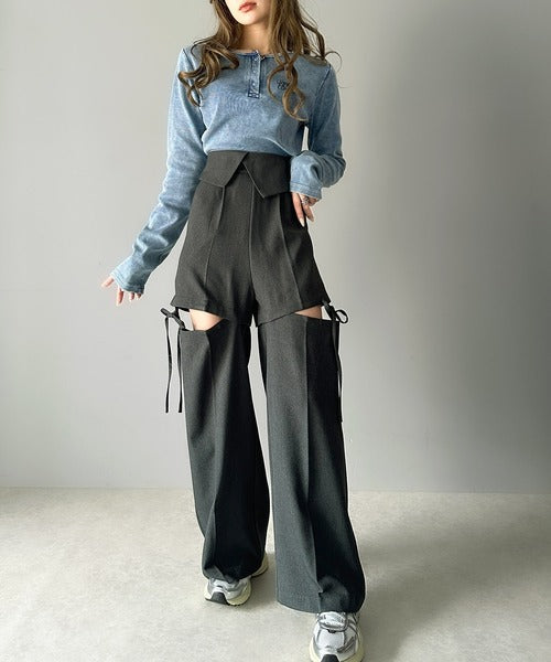【mily bilet】大人ガーリーボトム。ウエスト折り返しリボンストラップ２WAYセンタープレスハイウエストワイドスラックスパンツ mi1329005