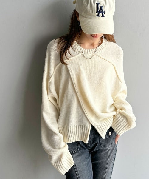 【mily bilet】ゆるっとシルエットが魅せる、大人の余裕。前後２WAYフロント切り替えニットプルオーバー（長袖） mi1329046