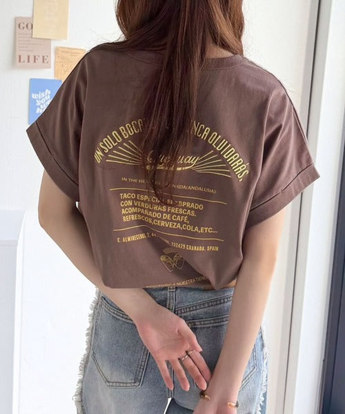 《JaVaジャバコラボ》背中で魅せる。バック刺繍フレンチスリーブTシャツ（半袖） jv1050358