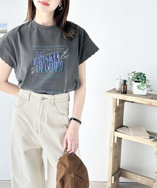 《Javaジャバコラボ》ヴィンテージライクなデザイン。綿100％袖レースピグメントロックTシャツ jv1050164