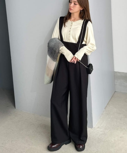 楽にシルエット美人。ワンタックワイドシルエットサロペットパンツ ce1265022