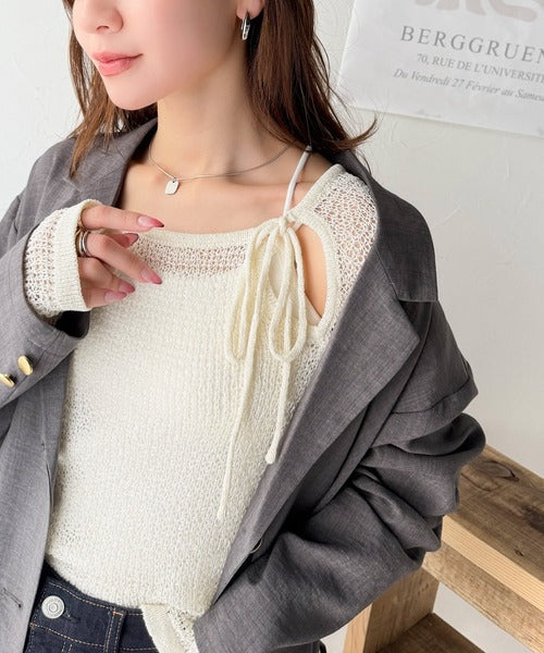 【mily bilet】大人かわいい肌見せを叶える。プレートデザイン前後2WAYメッシュ編み肩リボンニットプルオーバー（長袖） mi1259014