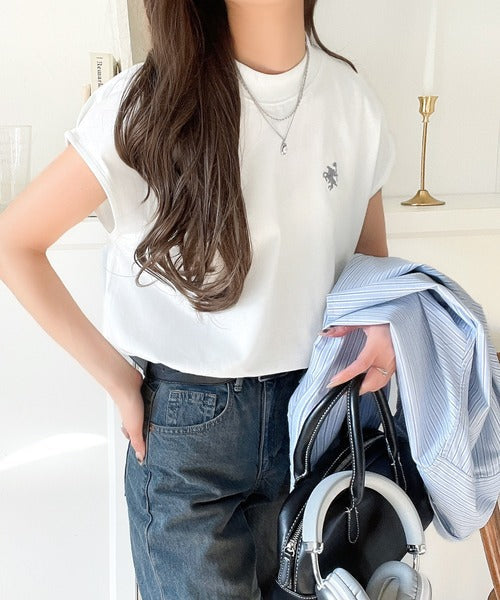 大人女子の上品ベーシック。綿100％シルケットモックネックフレンチTシャツ(刺繍) ce1260395