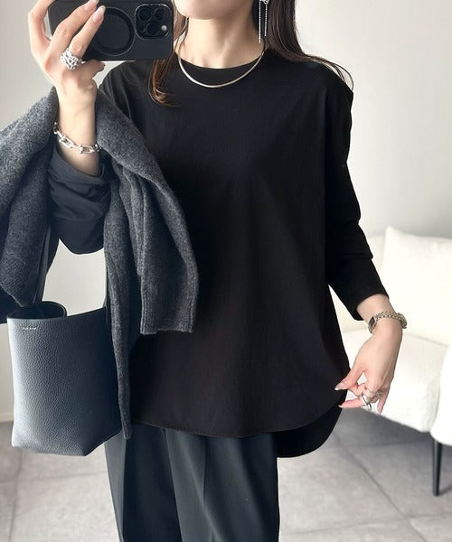 品よく、楽ちん。大人の余裕が漂う。シルケット素材 レイヤード ラウンドヘム 長袖 ロンTEE ce1020296